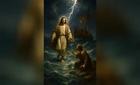 Jesus_walking_on_water_while_his_friend_reach_hand__to_him_and_on_the_background_the_bo1747329875611