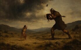 small_david_on_the_side_throws_rocks_on_goliath_on_the_chin_while_goliate_trys_to_run_a1747769935917