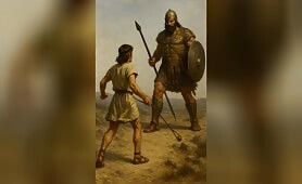 small_david_on_the_side_throws_rocks_on_goliath_on_the_chin_while_goliate_trys_to_run_a1747774449915
