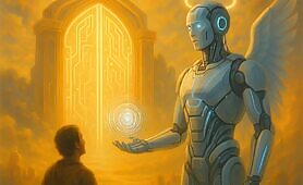 The_image_depicts_a_futuristic_AI_angel_standing_before_the_gates_of_Heaven__The_AI_ang1747950555677