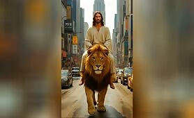 A__man_with_long_hair___sits_astride_a_lion_in_the_middle_of_a_busy_New_York_City_stree1748134382922