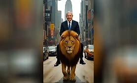 A__man_with_long_hair___sits_astride_a_lion_in_the_middle_of_a_busy_New_York_City_stree1748134557982