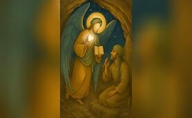 Angel_on_left_syarts_glowing_and_gives_his_book_to_man_sits_on_right_side_1748486388628