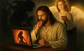 Angel_behind_jesus_with_wings_swinging_convincing_jesus_tonturn_off_laptop_they_talk_an1748643087798