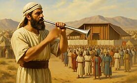 At_the_front__a_Levite_man_is_seen_blowing_a_long_silver_trumpet__________with_focus_an1748949871581