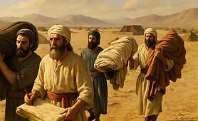 Four_bearded_Levite_men_are_shown_walking_across_the_sunlit_desert__each_carrying_heavy1748949468010