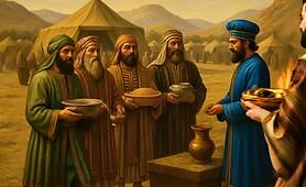 In_the_center__a_Kohen__priest__in_a_striking_blue_robe_with_golden_trim_receives_gifts1748950729498