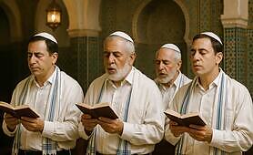 _In_this_touching_scene__four_Moroccan_Jewish_men_stand_in_prayer__wearing_white_kippot1749408288295