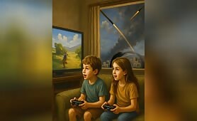 Kids_play_a_game_on_playstation_watching_it_on_big_screen_moving_game_while_out_side_in1750081772962