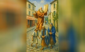 Two_people_walking_up_hill__Moses_walks_and_shows_the_Torah__3_people_are_chatting_and_1752633649654